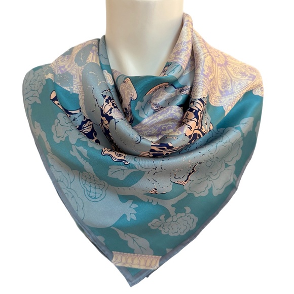 Baoshidi 100% Silk Scarf – Teal & Lavender – Asian Motif – New with Tags - Picture 1 of 11